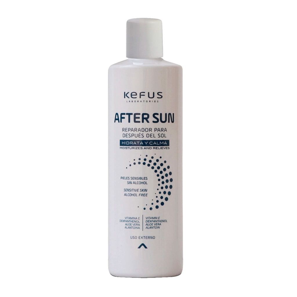 Frasco de After Sun Reparador Pós-Sol Kefus de 400ml para hidratação e regeneração da pele após exposição solar