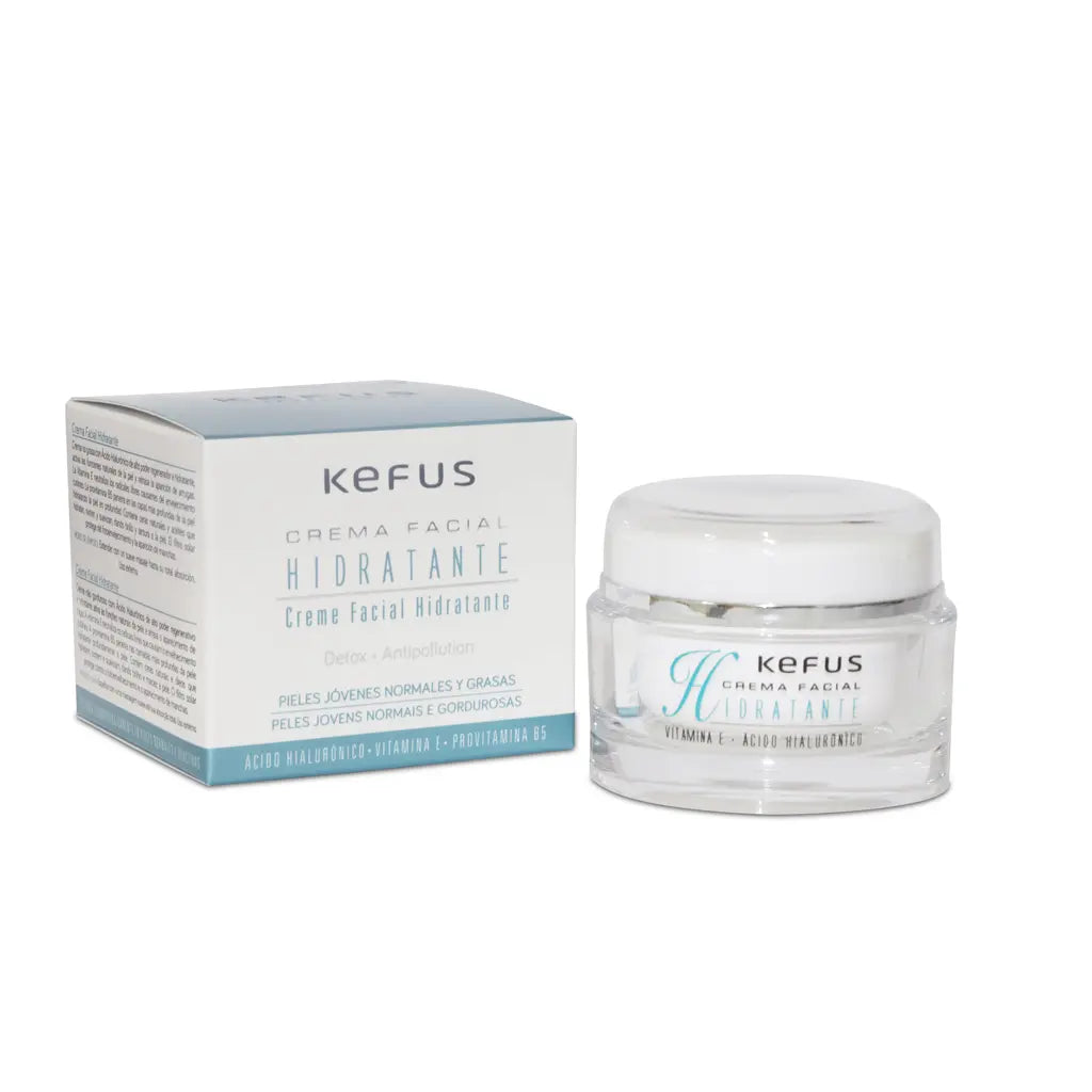 Creme facial hidratante Kefus 50ml com ácido hialurónico, embalagem branca e azul para hidratação intensa da pele.