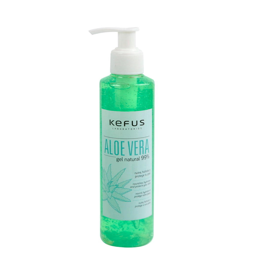 Gel natural de Aloe Vera Verde Kefus de 200ml em frasco doseador, ideal para regeneração e hidratação da pele.