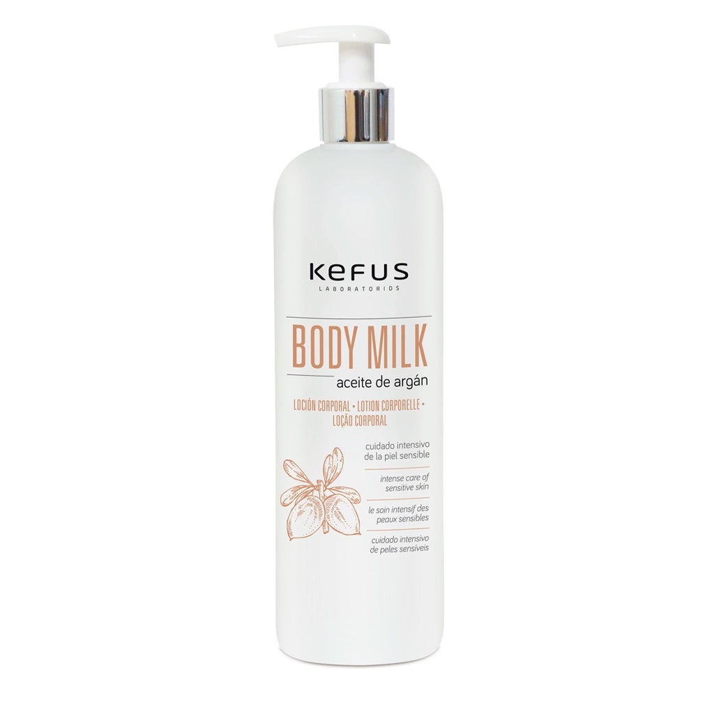 Loção corporal nutritiva com óleo de argan da marca Kefus, embalagem de 500ml com doseador.