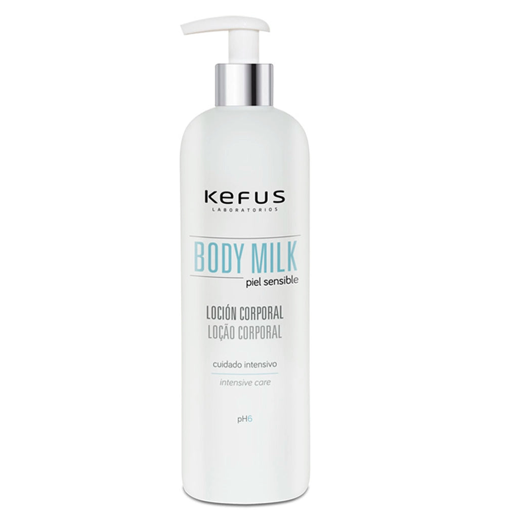 Body Milk Hidratante Kefus para peles sensíveis e reativas, embalagem de 500ml com doseador.
