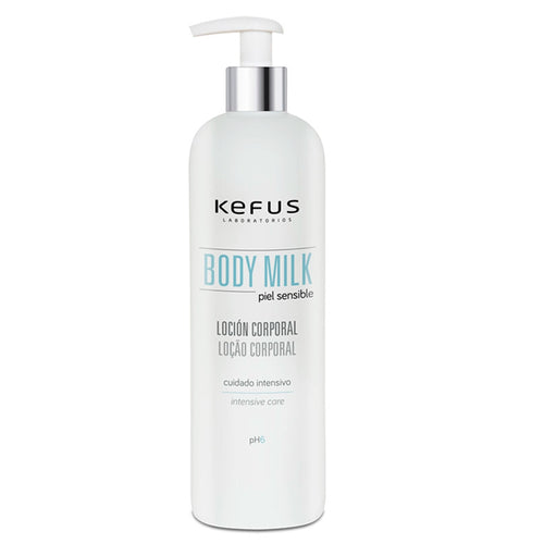 Body Milk Hidratante Kefus para peles sensíveis e reativas, embalagem de 500ml com doseador.