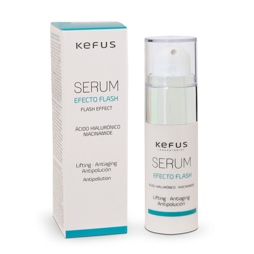 Sérum facial efeito flash da Kefus com Ácido Hialurónico e Niacinamida, frasco de 30ml para efeito tensor e luminosidade.