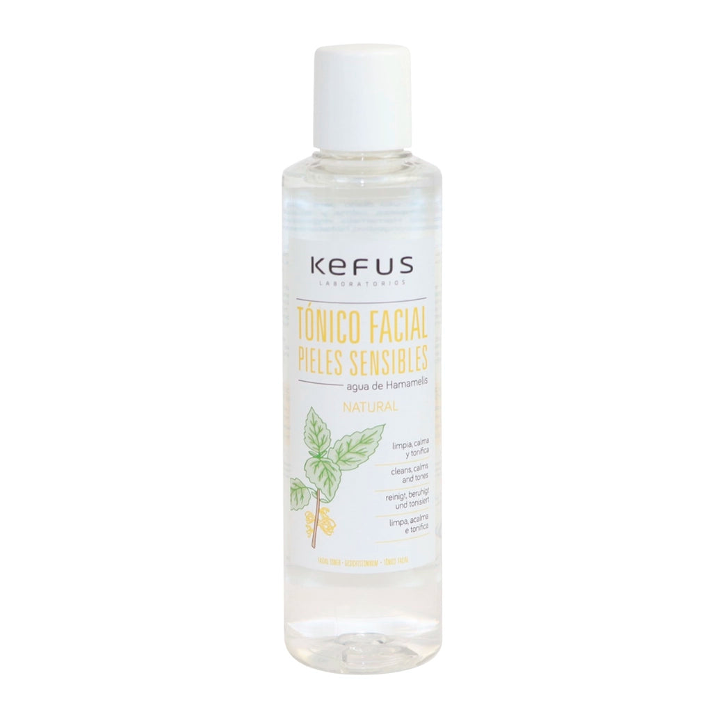 Frasco de 200ml de Tónico Facial Kefus para peles sensíveis, fórmula calmante sem álcool.